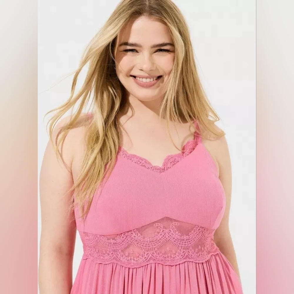 Torrid Maxi Washable Gauze Lace Inset Dress in Chateau Rose, Sz 2x. NWT - Picture 2 of 6